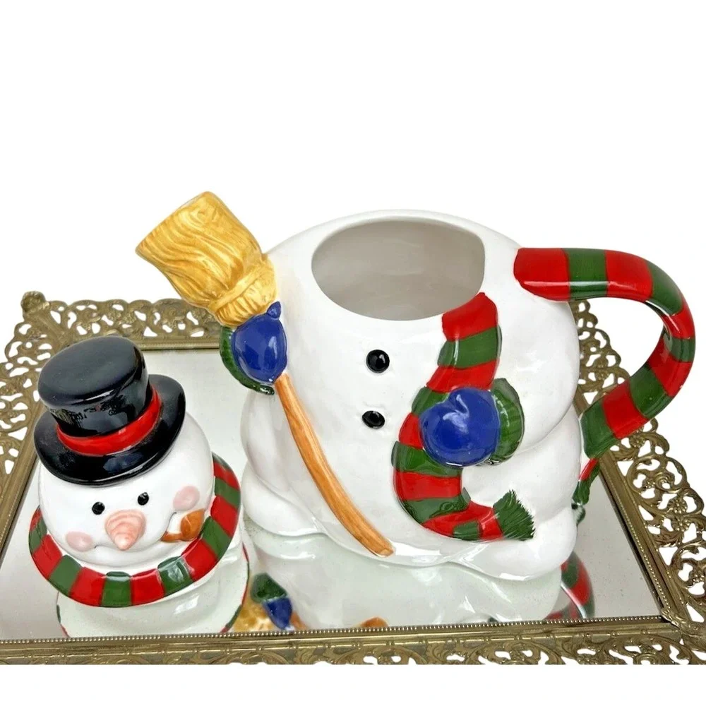 Teapot Snowman Christmas Ceramic Holiday Hand Painted Decorative Vintage Kitchen